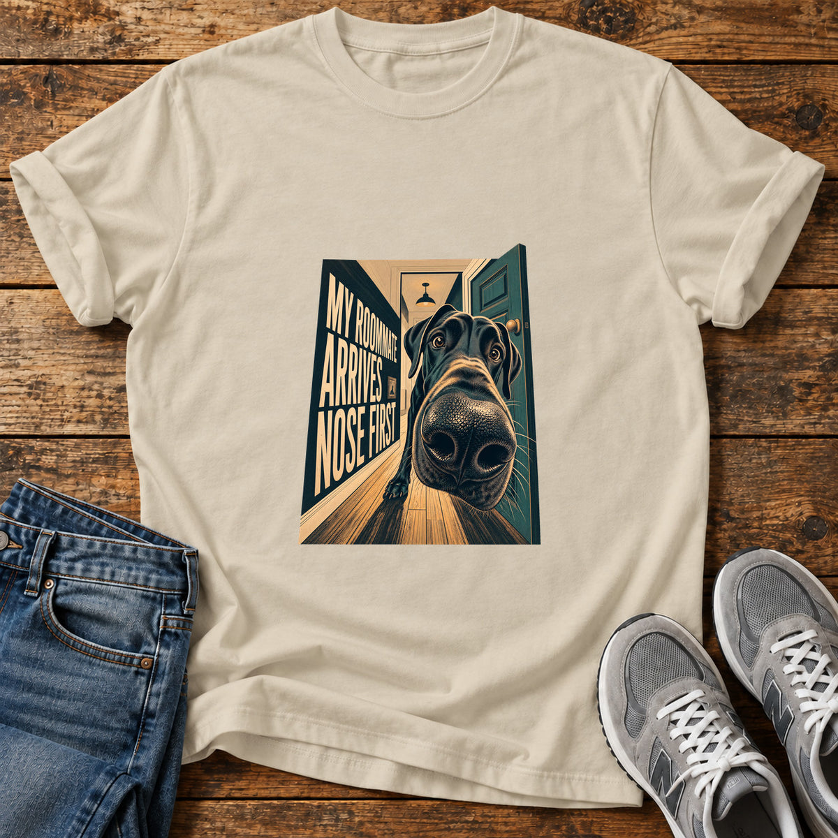 Nose First Roommate Great Dane graphic T-shirt in Sand, shown on a flat-lay shirt mockup