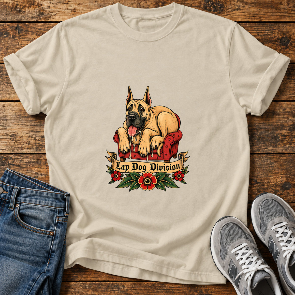 Lap Dog Division Great Dane graphic T-shirt in Sand, shown on a flat-lay shirt mockup