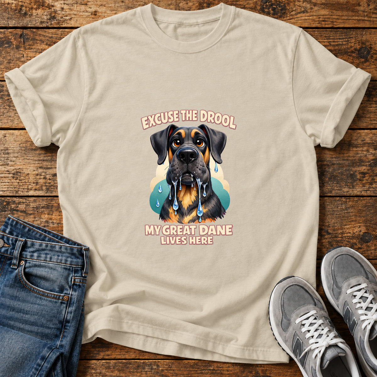 Excuse The Drool Great Dane graphic T-shirt in Sand, shown on a flat-lay shirt mockup