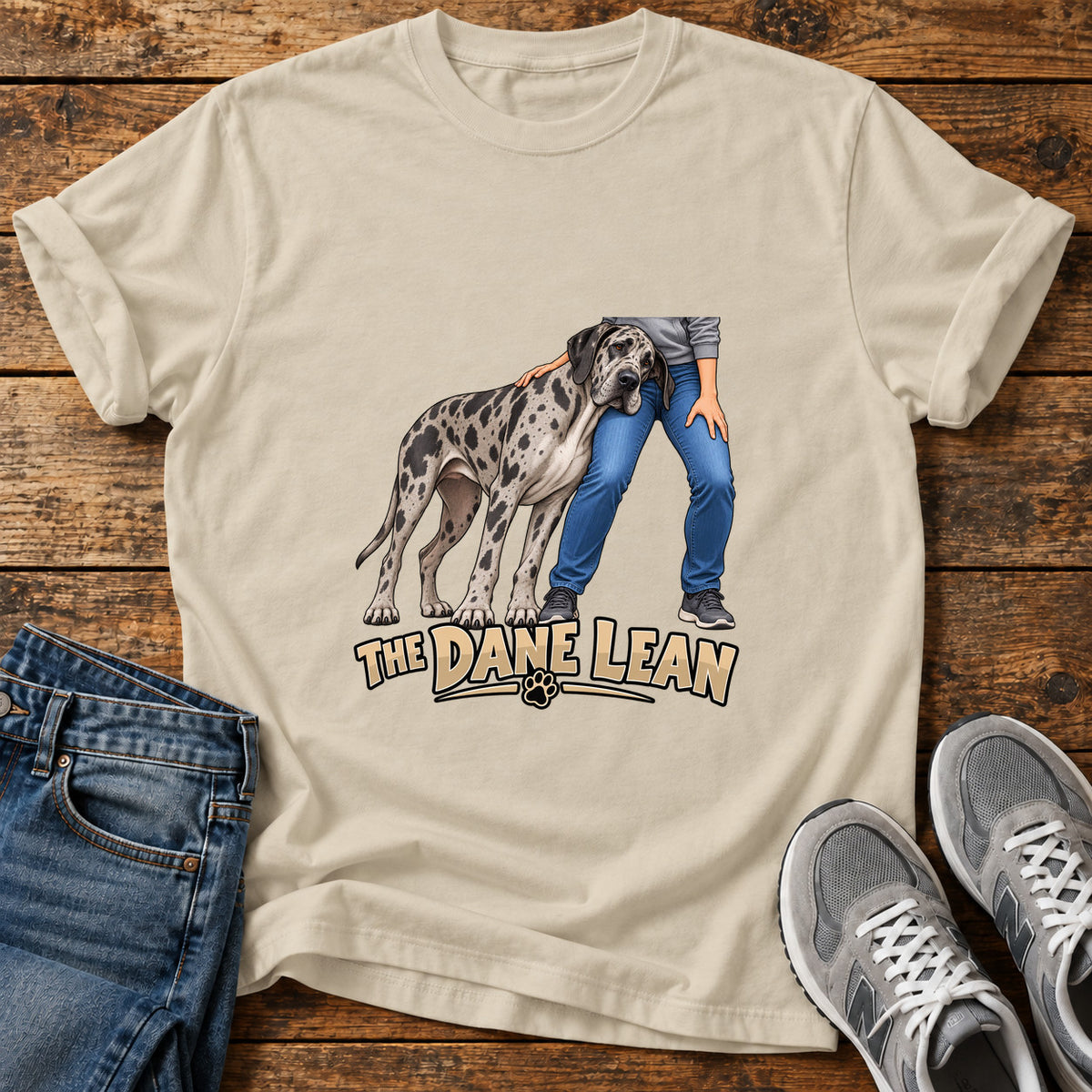 The Dane Lean Great Dane graphic T-shirt in Sand, shown on a flat-lay shirt mockup