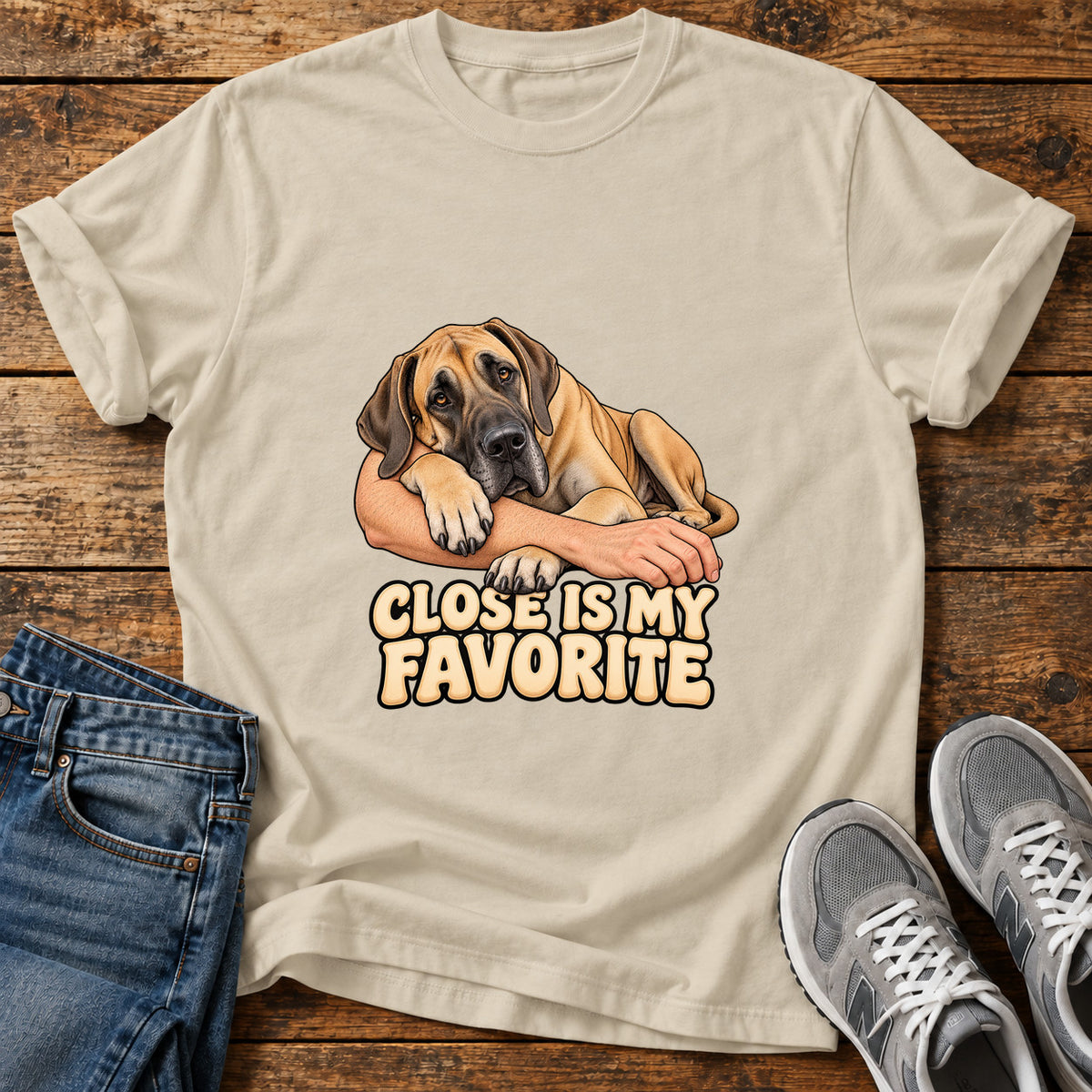 Close Favorite Great Dane graphic T-shirt in Sand, shown on a flat-lay shirt mockup