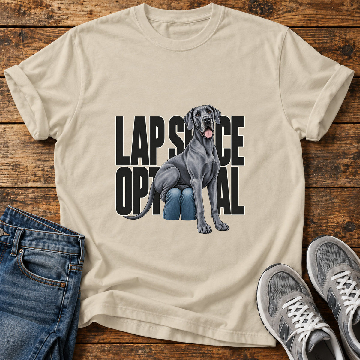 Lap Space Optional Great Dane graphic T-shirt in Sand, shown on a flat-lay shirt mockup