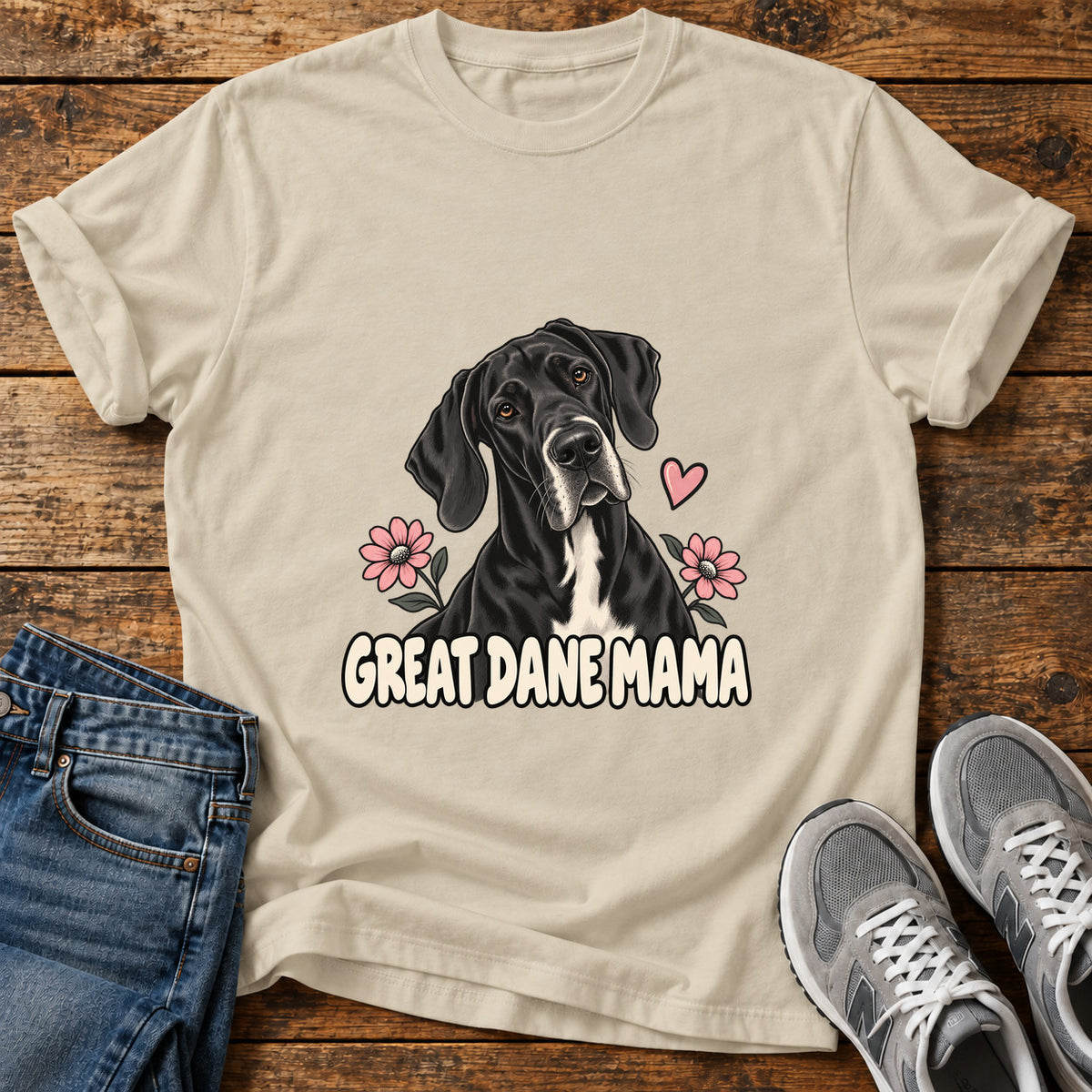 Great Dane Mama graphic T-shirt in Sand, shown on a flat-lay shirt mockup