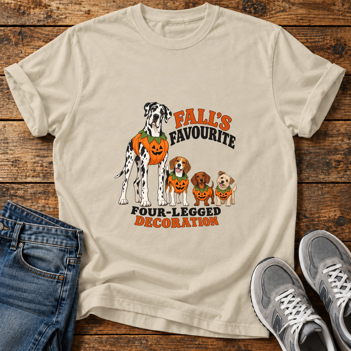 Fall's Favourite Pups Great Dane graphic T-shirt in Sand, shown on a flat-lay shirt mockup