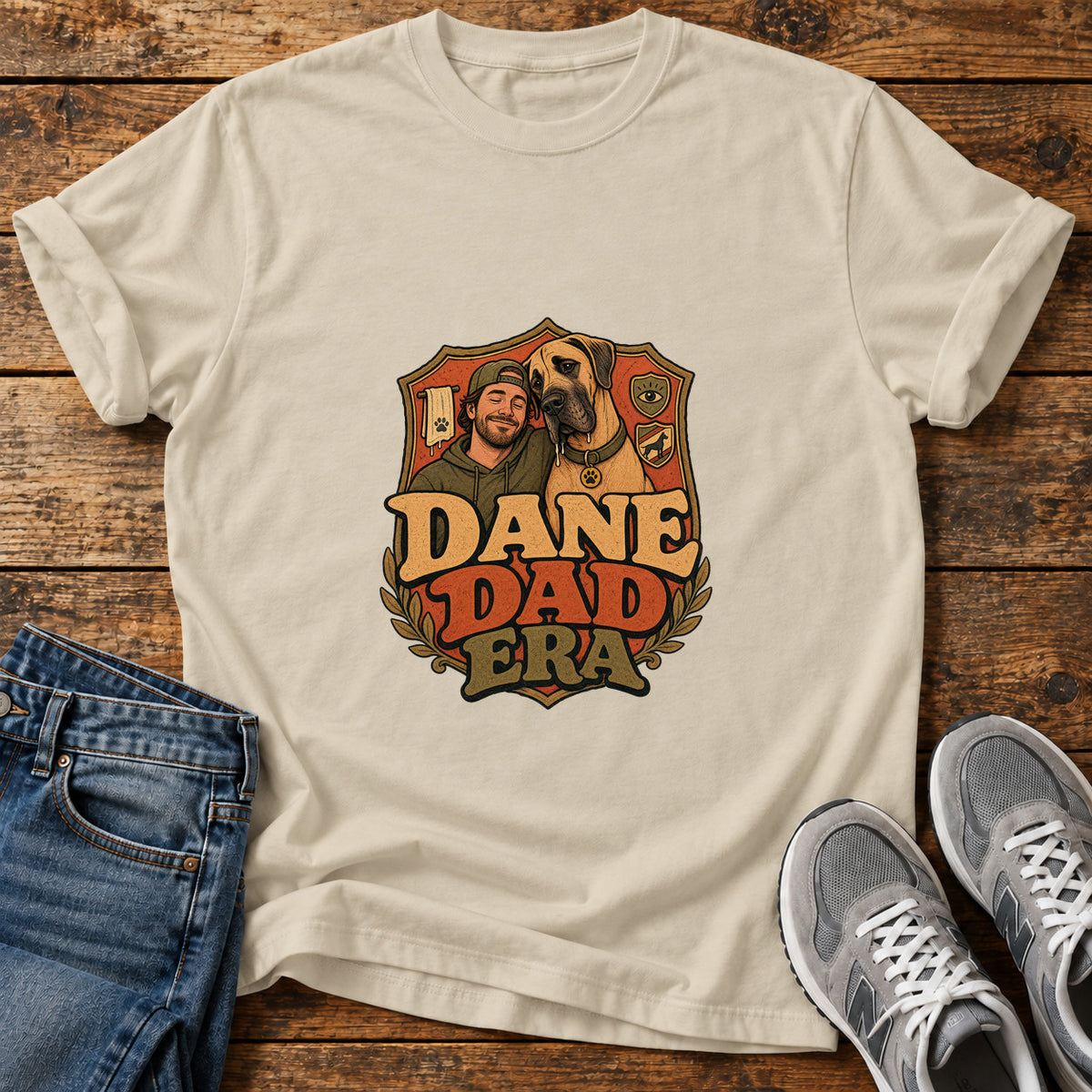 Dane Dad Era Great Dane graphic T-shirt in Sand, shown on a flat-lay shirt mockup