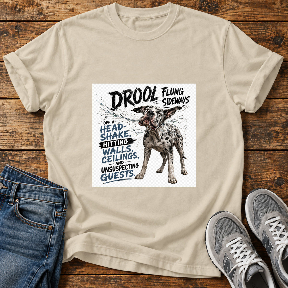 Drool Flung Sideways Great Dane graphic T-shirt in Sand, shown on a flat-lay shirt mockup