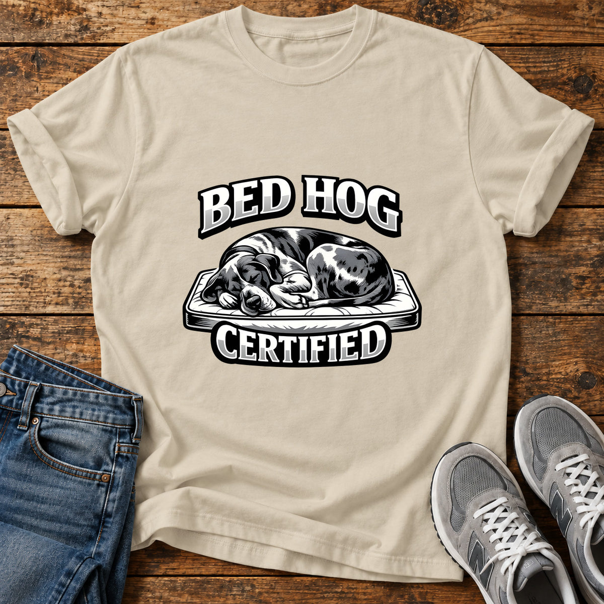 Bed Hog Certified Great Dane graphic T-shirt in Sand, shown on a flat-lay shirt mockup