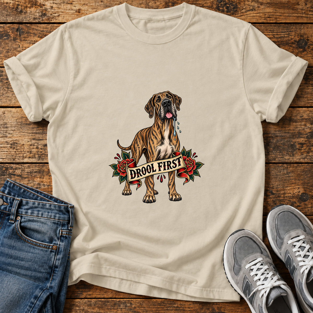 Drool First Great Dane graphic T-shirt in Sand, shown on a flat-lay shirt mockup
