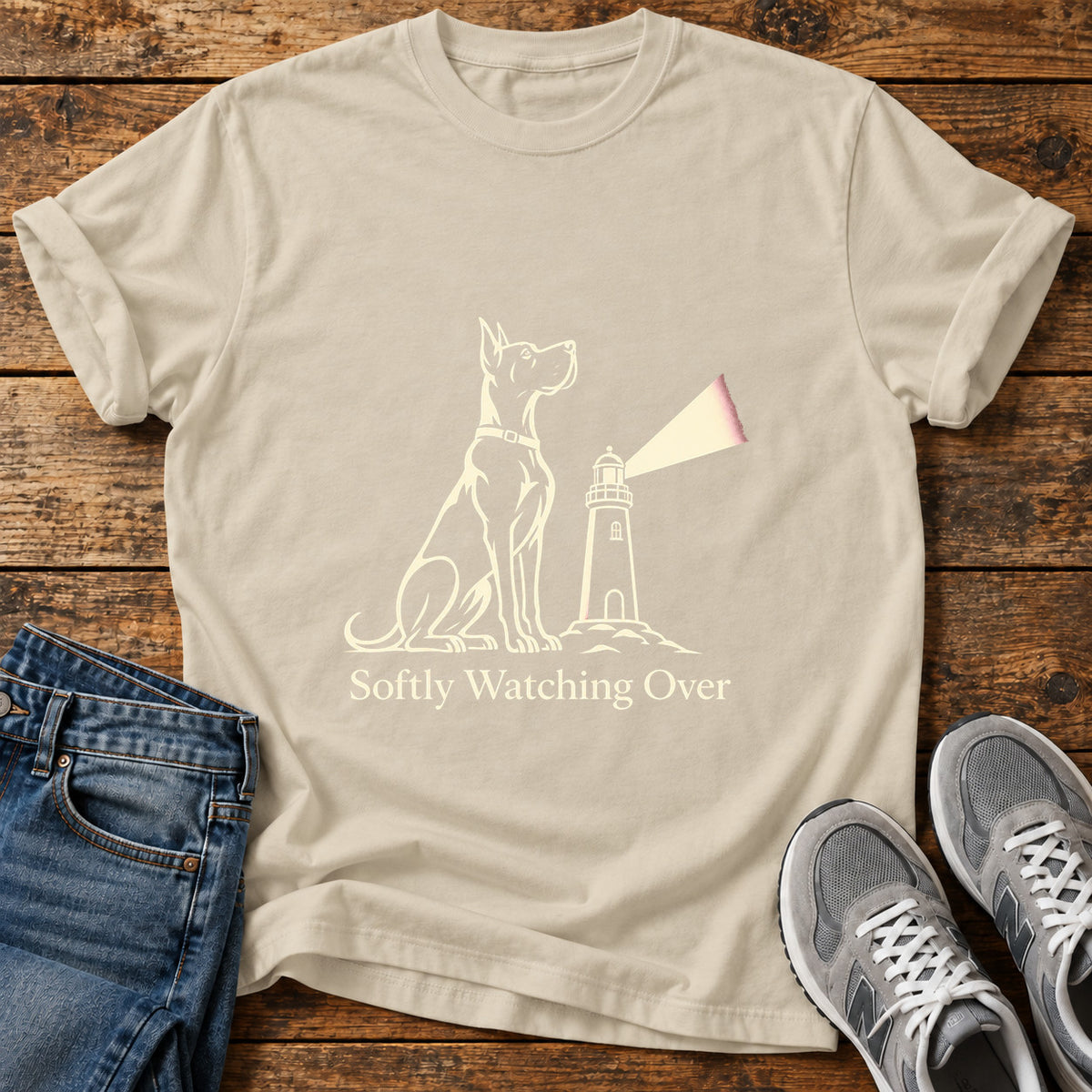 Softly Watching Over Great Dane graphic T-shirt in Sand, shown on a flat-lay shirt mockup