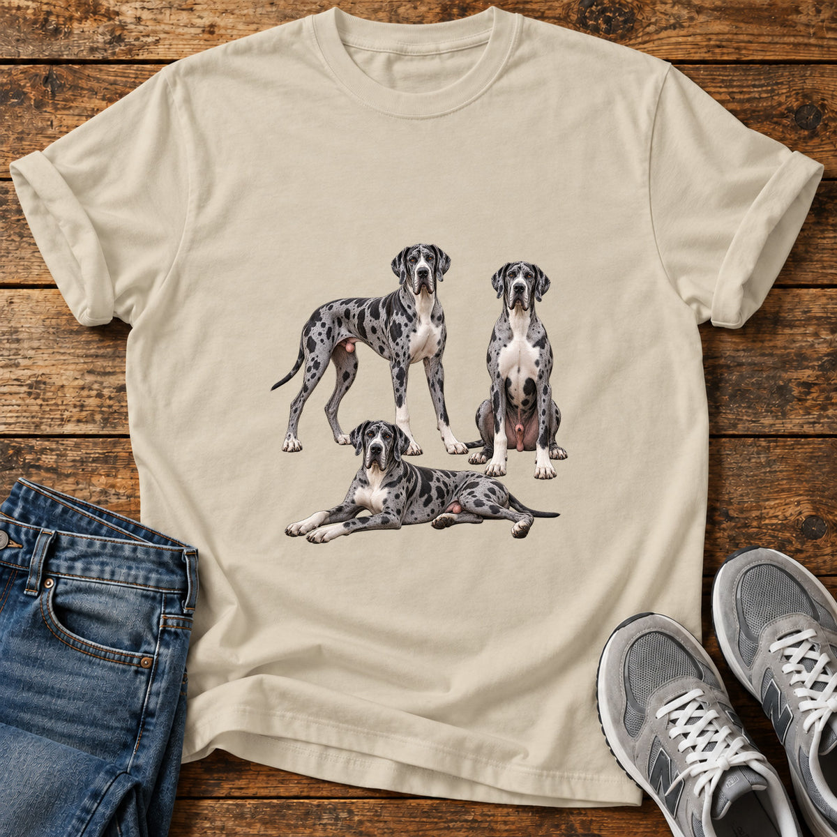 Great Dane Trio graphic T-shirt in Sand, shown on a flat-lay shirt mockup
