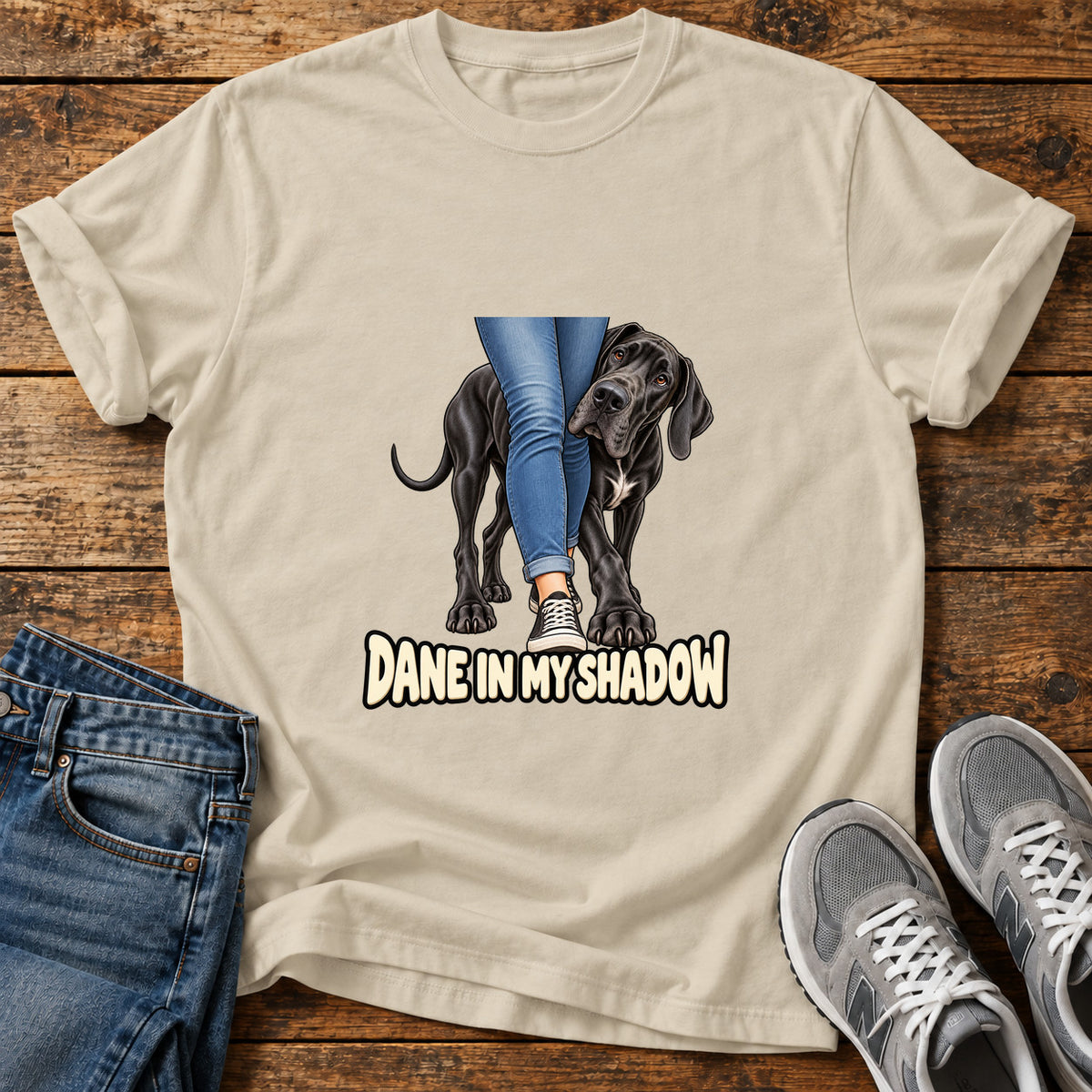 Dane In Shadow Great Dane graphic T-shirt in Sand, shown on a flat-lay shirt mockup