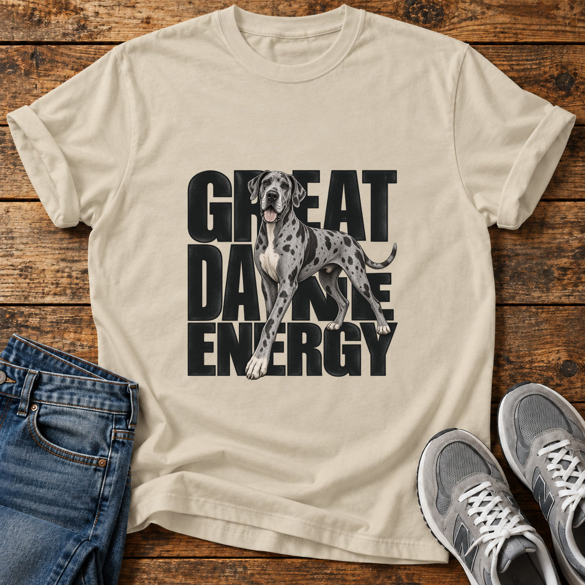 Great Dane Energy graphic T-shirt in Sand, shown on a flat-lay shirt mockup