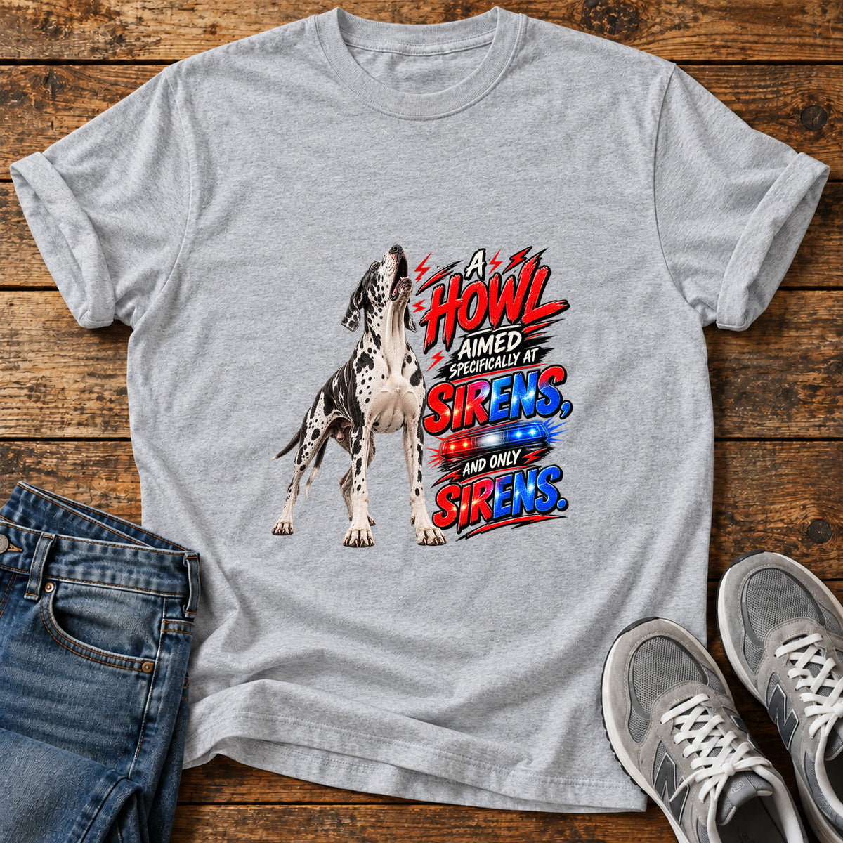 Howl Sirens Great Dane graphic T-shirt in Sport Grey, shown on a flat-lay shirt mockup