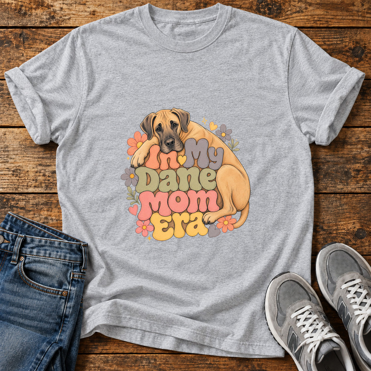 Dane Mom Era Great Dane graphic T-shirt in Sport Grey, shown on a flat-lay shirt mockup
