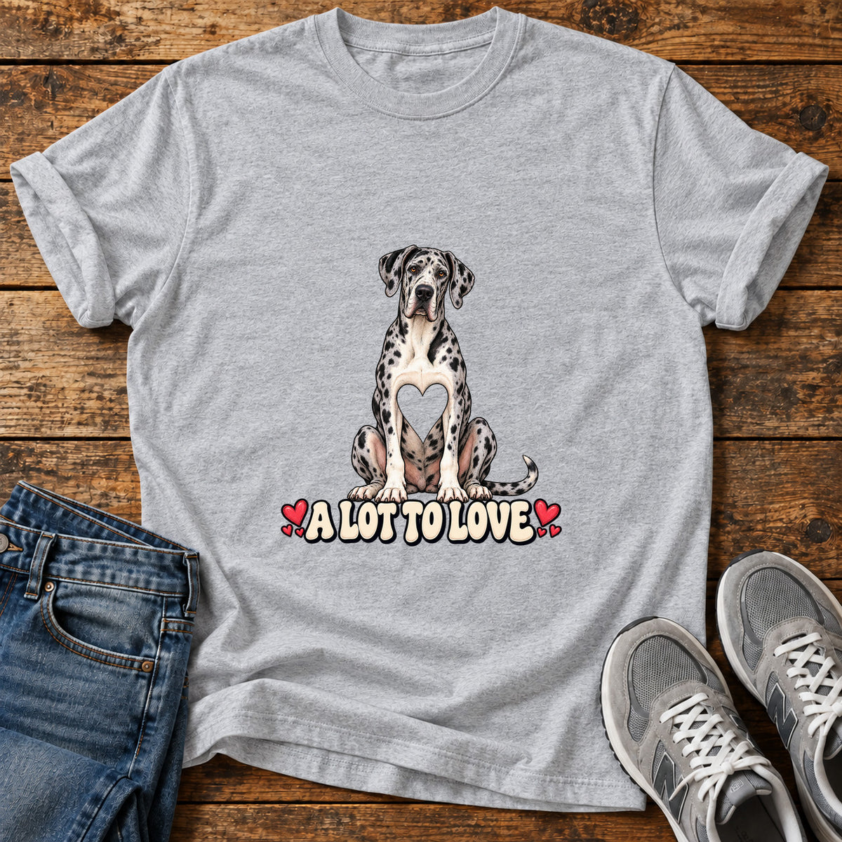 A Lot To Great Dane graphic T-shirt in Sport Grey, shown on a flat-lay shirt mockup