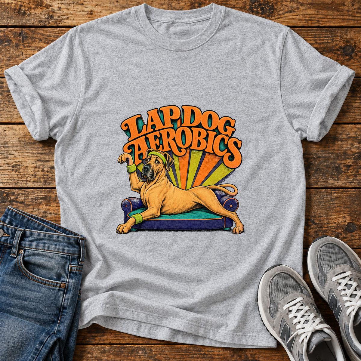 Lap Dog Aerobics Great Dane graphic T-shirt in Sport Grey, shown on a flat-lay shirt mockup