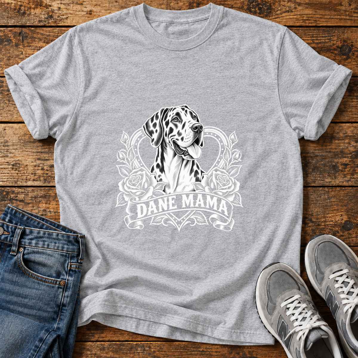 Dane Mama Great Dane graphic T-shirt in Sport Grey, shown on a flat-lay shirt mockup