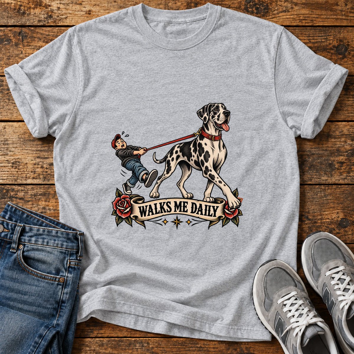 Walks Me Daily Great Dane graphic T-shirt in Sport Grey, shown on a flat-lay shirt mockup