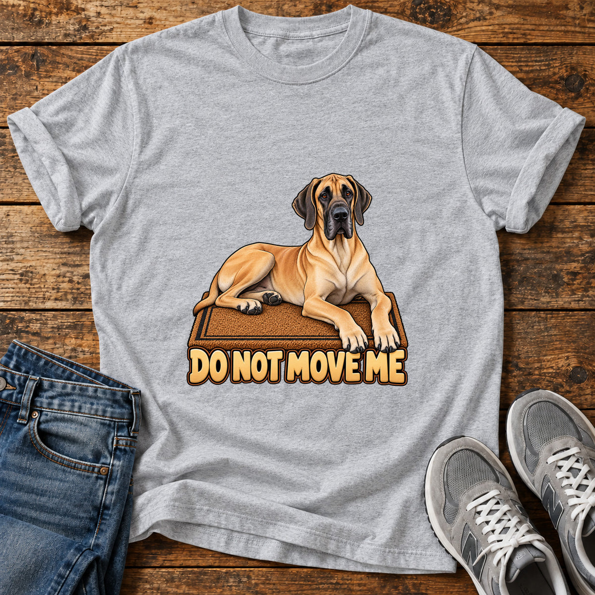 Do Not Move Great Dane graphic T-shirt in Sport Grey, shown on a flat-lay shirt mockup