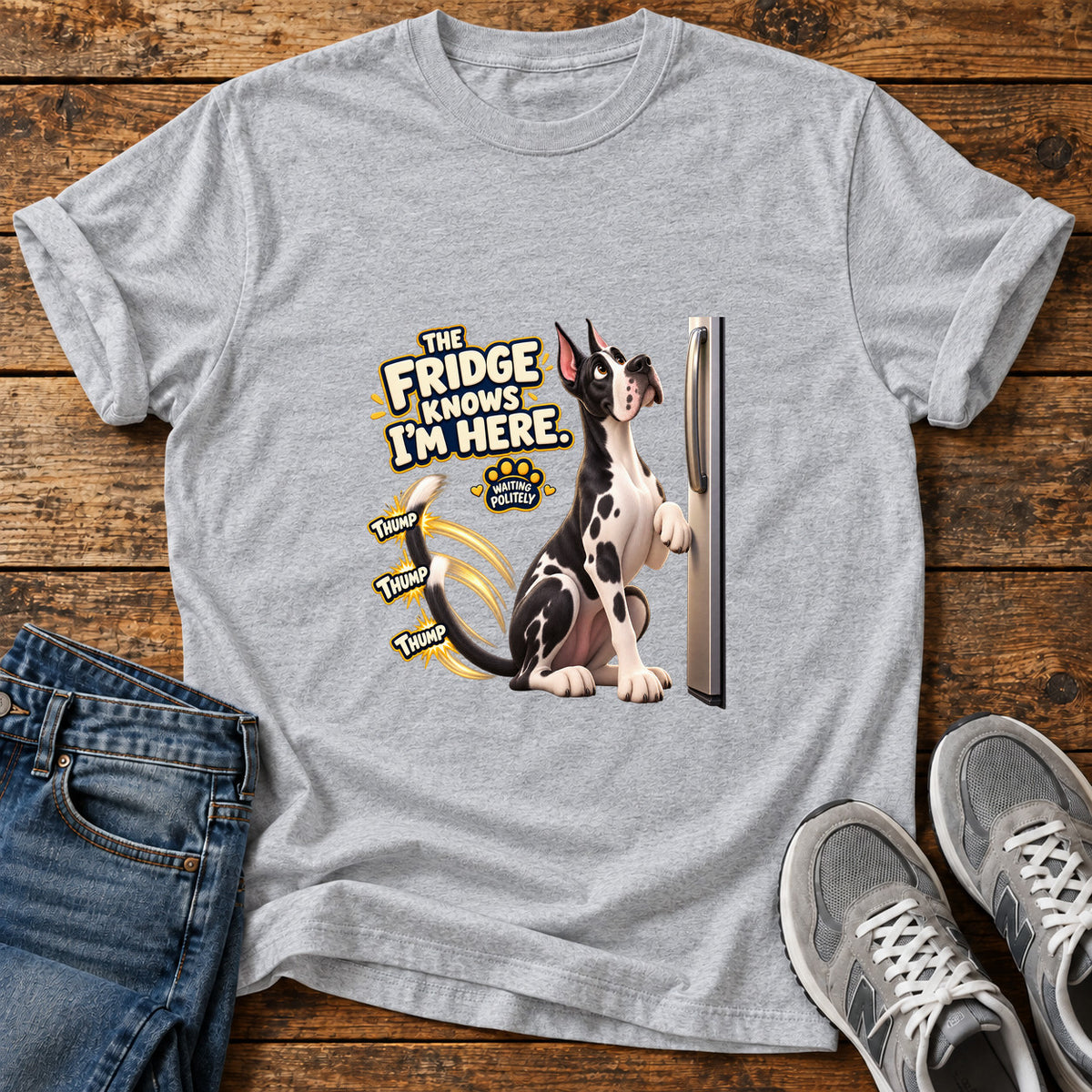 Fridge Knows Great Dane graphic T-shirt in Sport Grey, shown on a flat-lay shirt mockup
