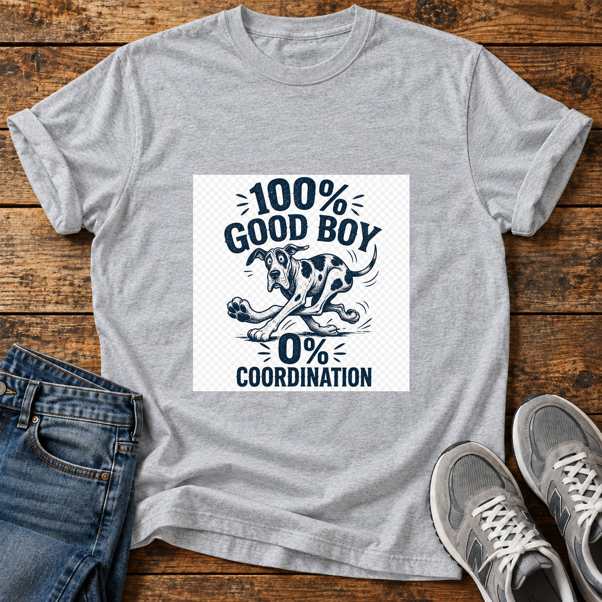 Good Boy Coordination Great Dane graphic T-shirt in Sport Grey, shown on a flat-lay shirt mockup