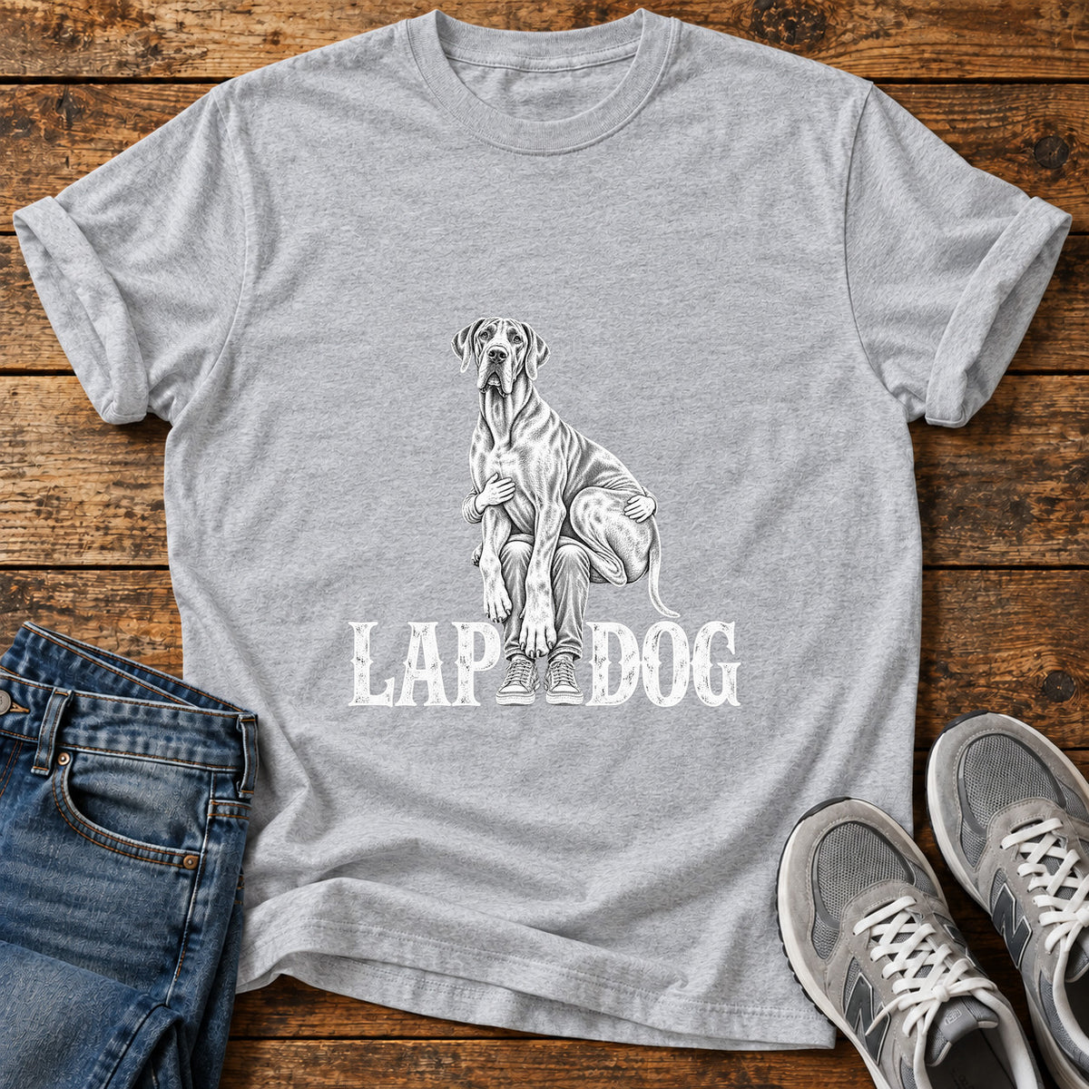 Lap Dog Great Dane graphic T-shirt in Sport Grey, shown on a flat-lay shirt mockup
