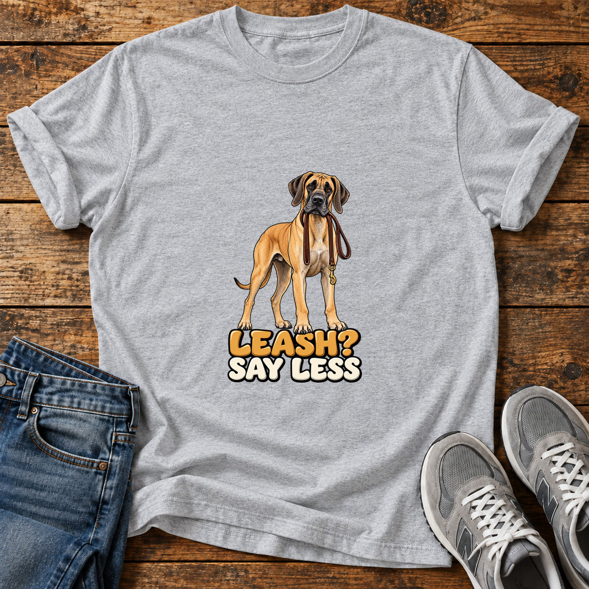 Leash Say Less Great Dane graphic T-shirt in Sport Grey, shown on a flat-lay shirt mockup