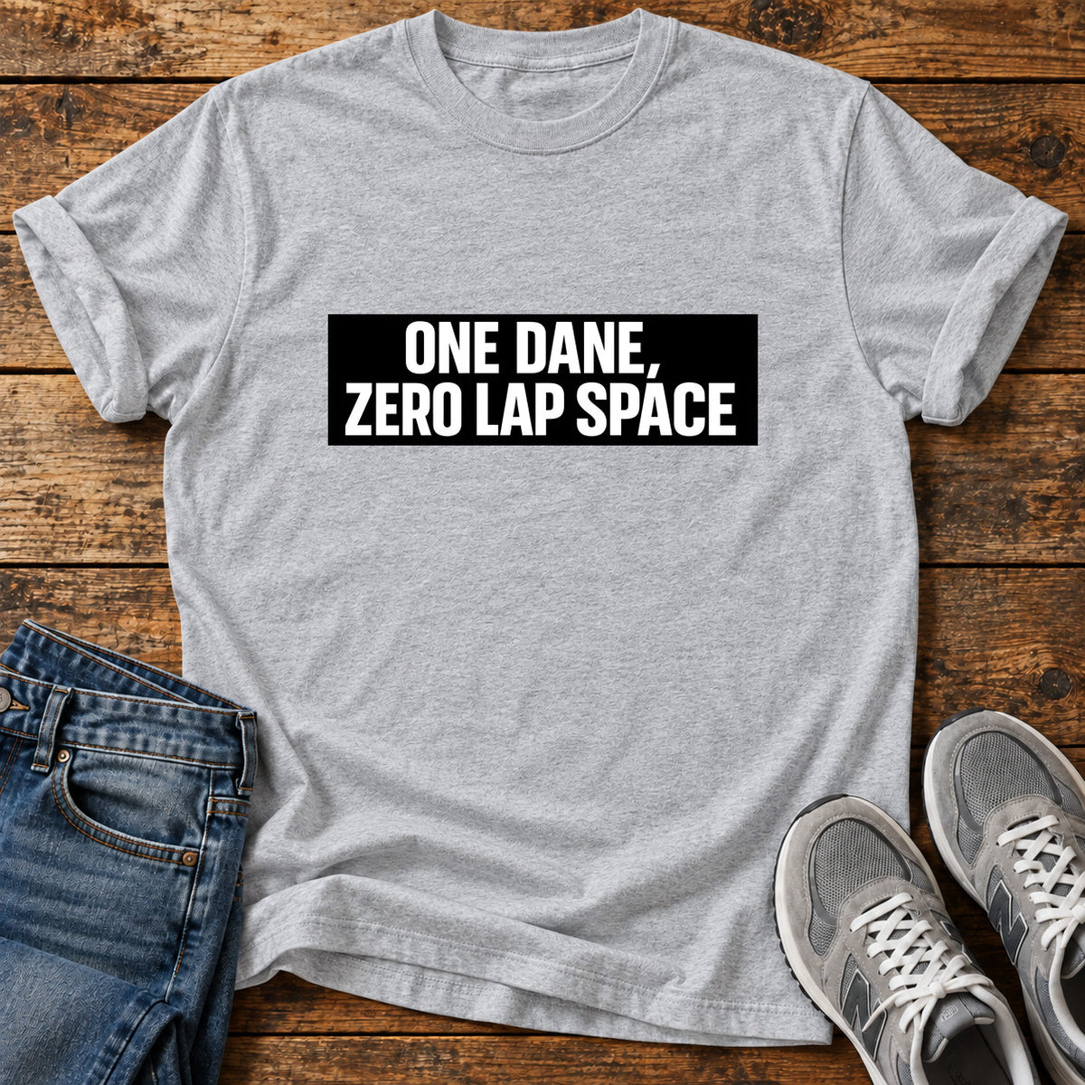 One Dane Zero Great Dane graphic T-shirt in Sport Grey, shown on a flat-lay shirt mockup