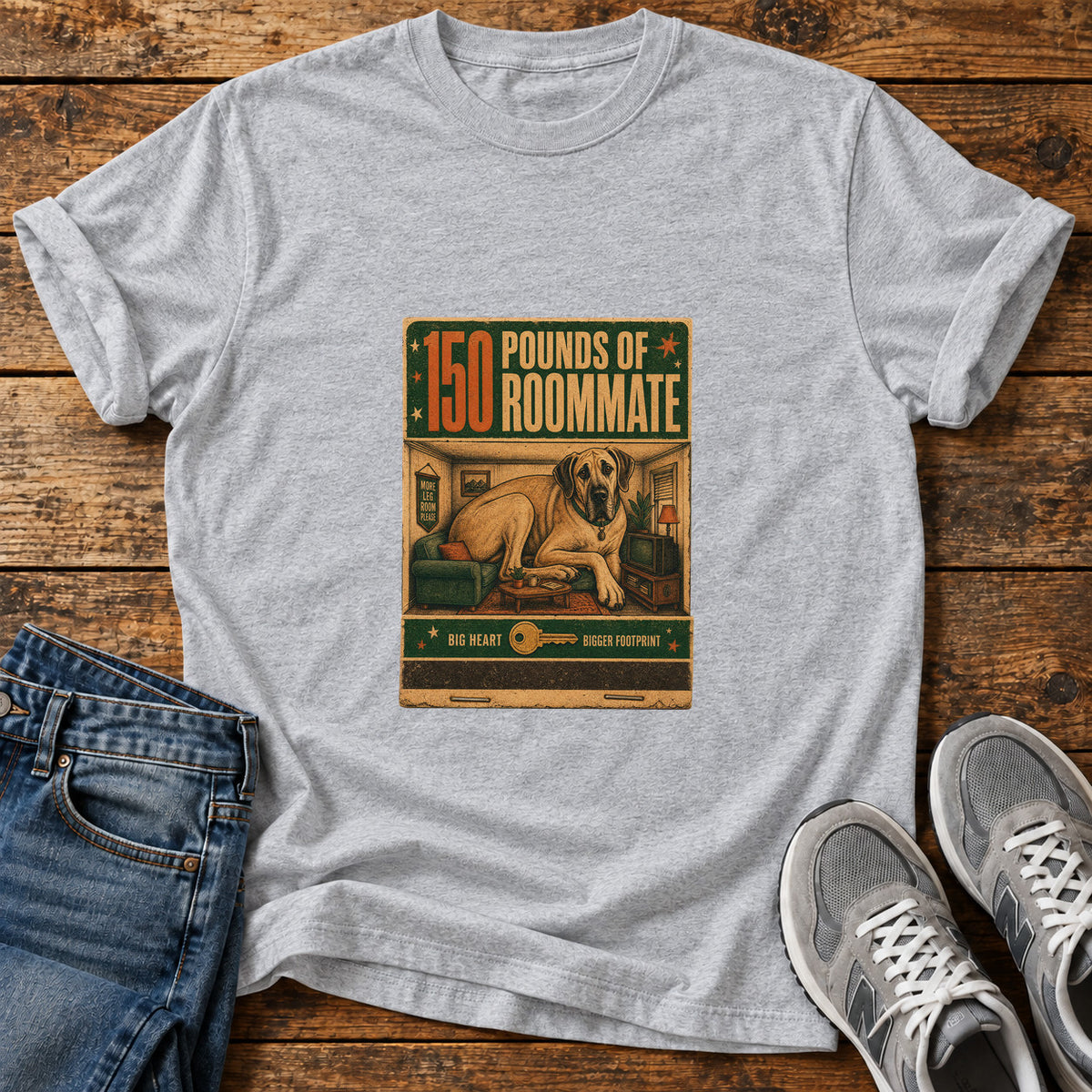 150 Pounds Roommate Great Dane graphic T-shirt in Sport Grey, shown on a flat-lay shirt mockup