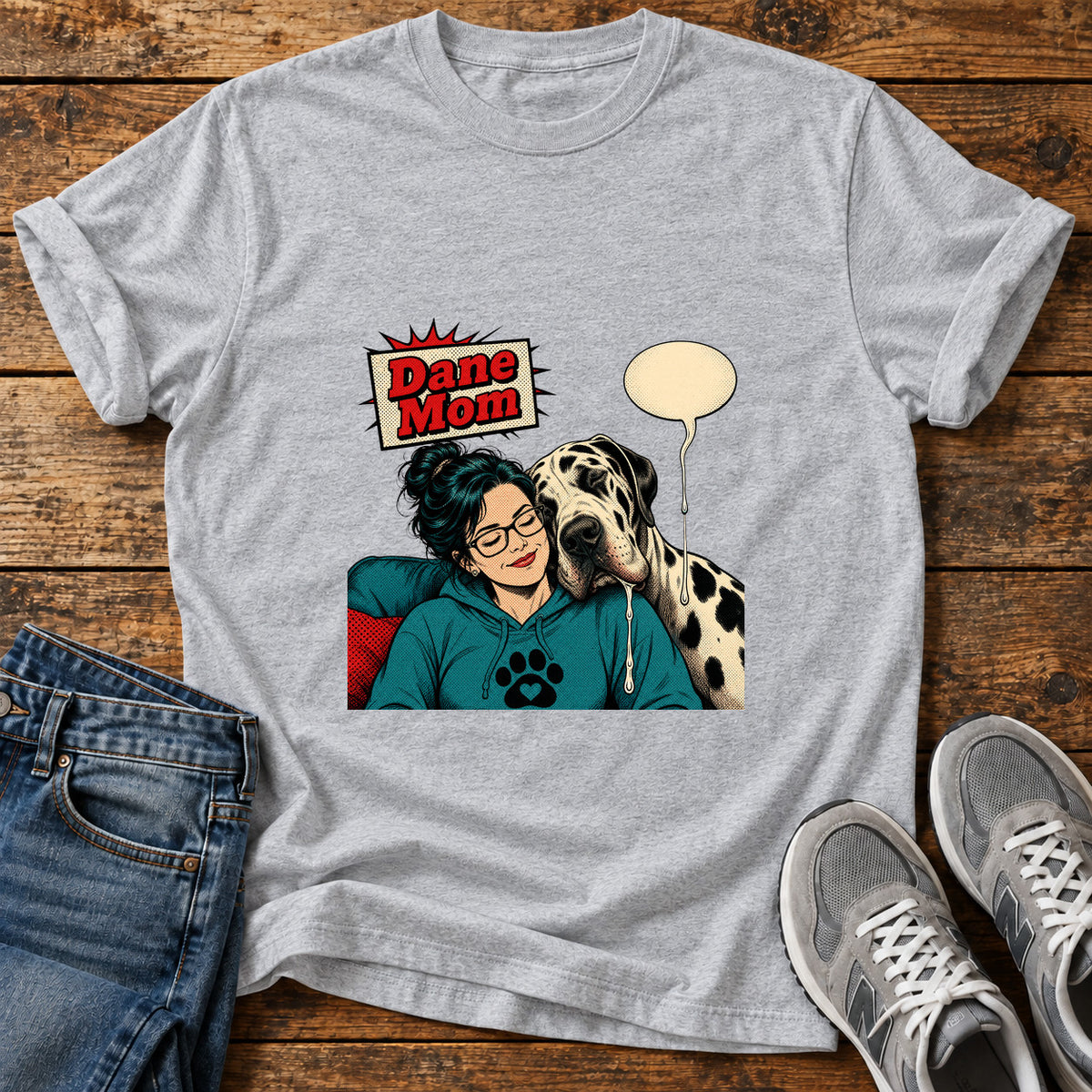 Dane Mom Great Dane graphic T-shirt in Sport Grey, shown on a flat-lay shirt mockup