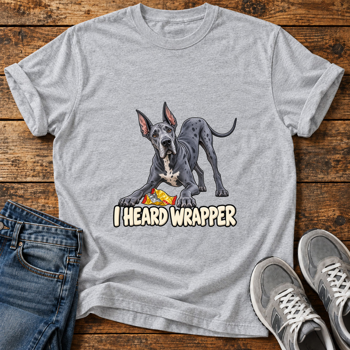 I Heard Wrapper Great Dane graphic T-shirt in Sport Grey, shown on a flat-lay shirt mockup