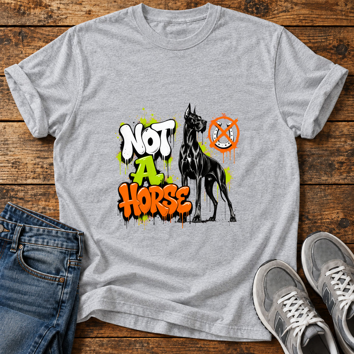 Not A Horse Great Dane graphic T-shirt in Sport Grey, shown on a flat-lay shirt mockup