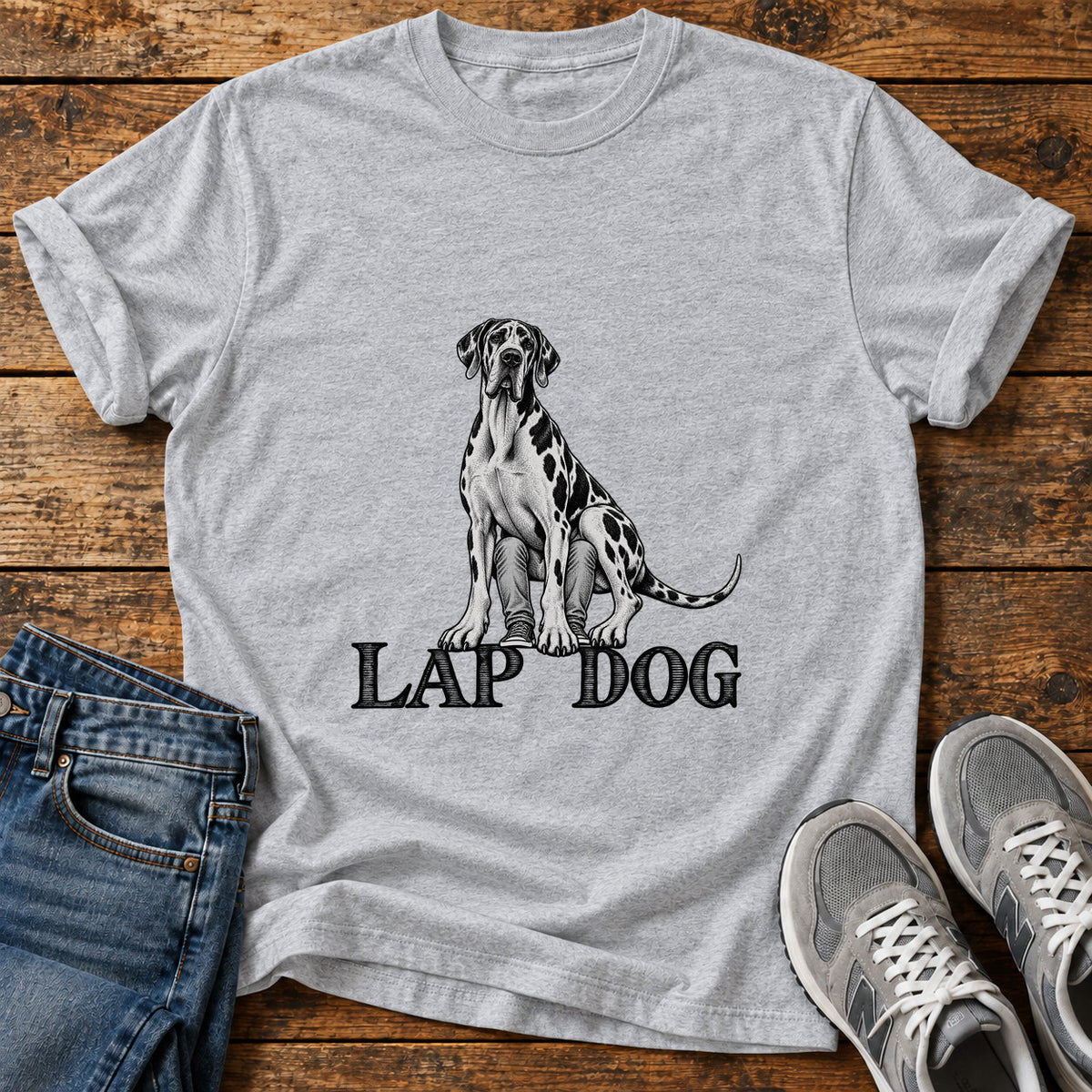 Lap Dog Great Dane graphic T-shirt in Sport Grey, shown on a flat-lay shirt mockup