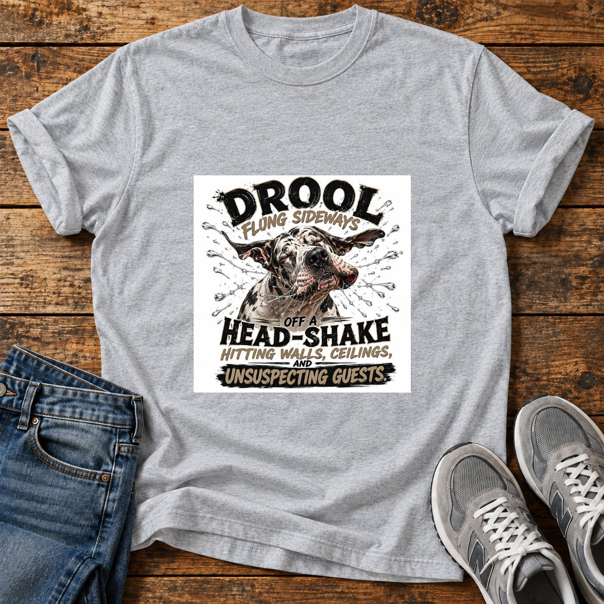 Drool Head-Shake Great Dane graphic T-shirt in Sport Grey, shown on a flat-lay shirt mockup