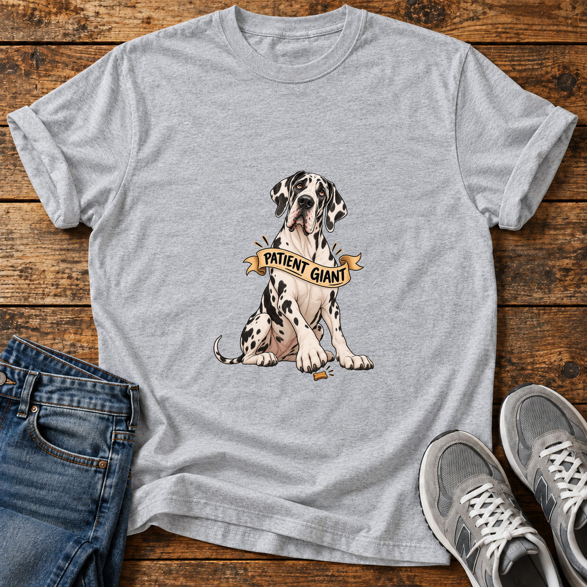 Patient Giant Great Dane graphic T-shirt in Sport Grey, shown on a flat-lay shirt mockup