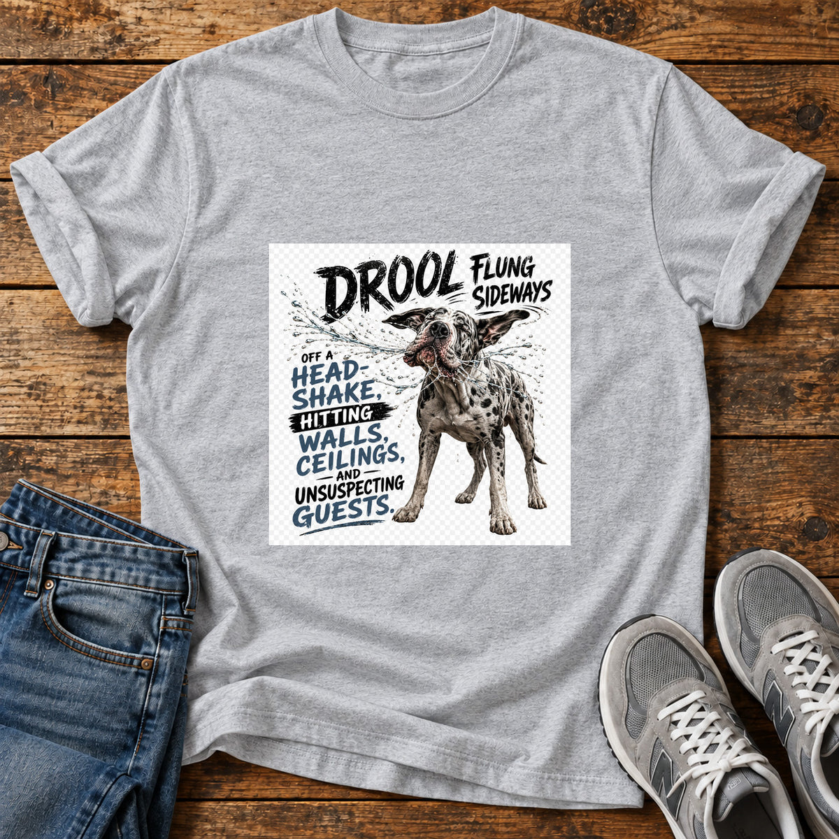 Drool Flung Sideways Great Dane graphic T-shirt in Sport Grey, shown on a flat-lay shirt mockup