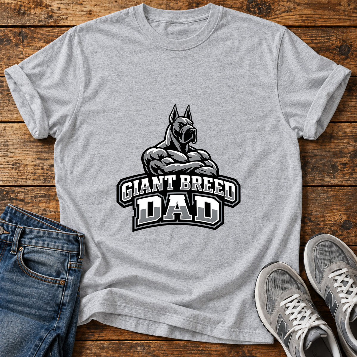 Giant Breed Dad Great Dane graphic T-shirt in Sport Grey, shown on a flat-lay shirt mockup
