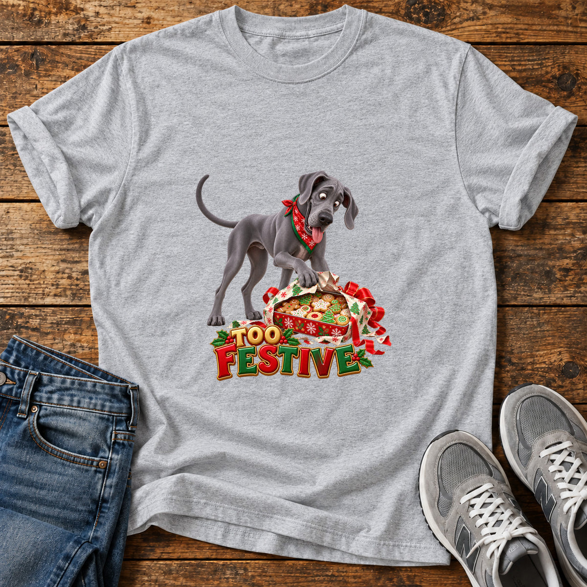 Too Festive Great Dane graphic T-shirt in Sport Grey, shown on a flat-lay shirt mockup
