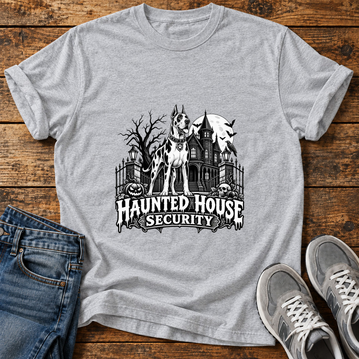 Haunted House Security Great Dane graphic T-shirt in Sport Grey, shown on a flat-lay shirt mockup