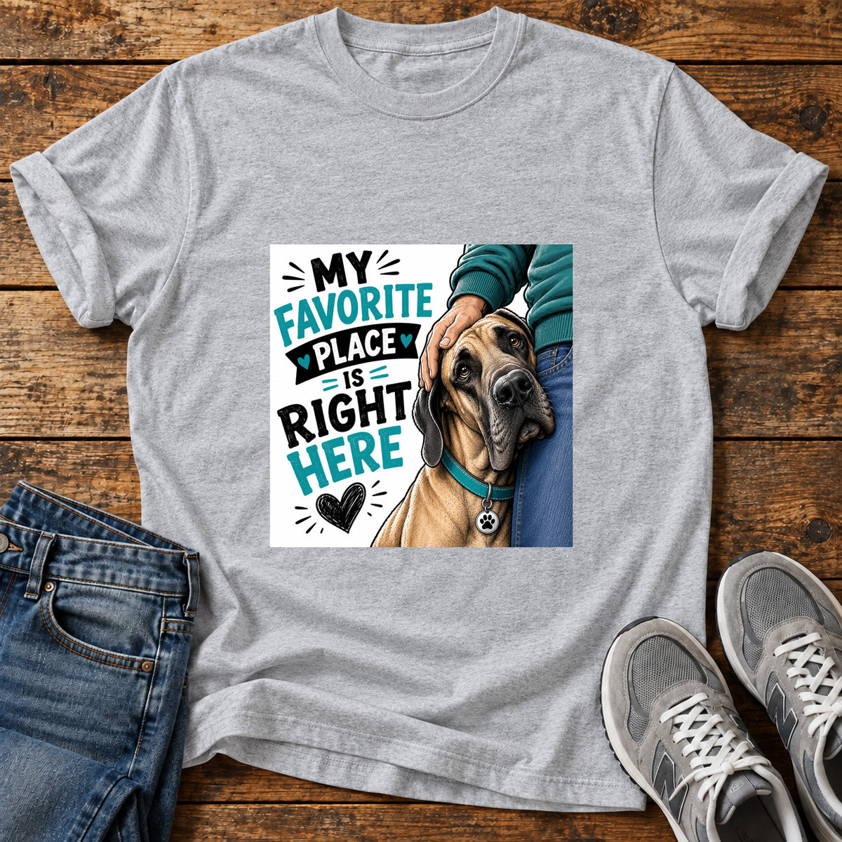 Favorite Place Great Dane graphic T-shirt in Sport Grey, shown on a flat-lay shirt mockup