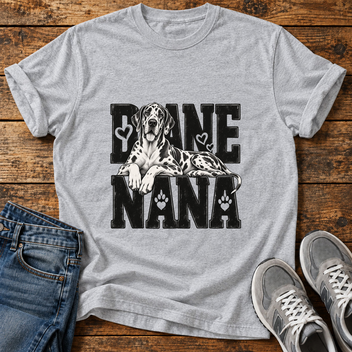Dane Nana Great Dane graphic T-shirt in Sport Grey, shown on a flat-lay shirt mockup