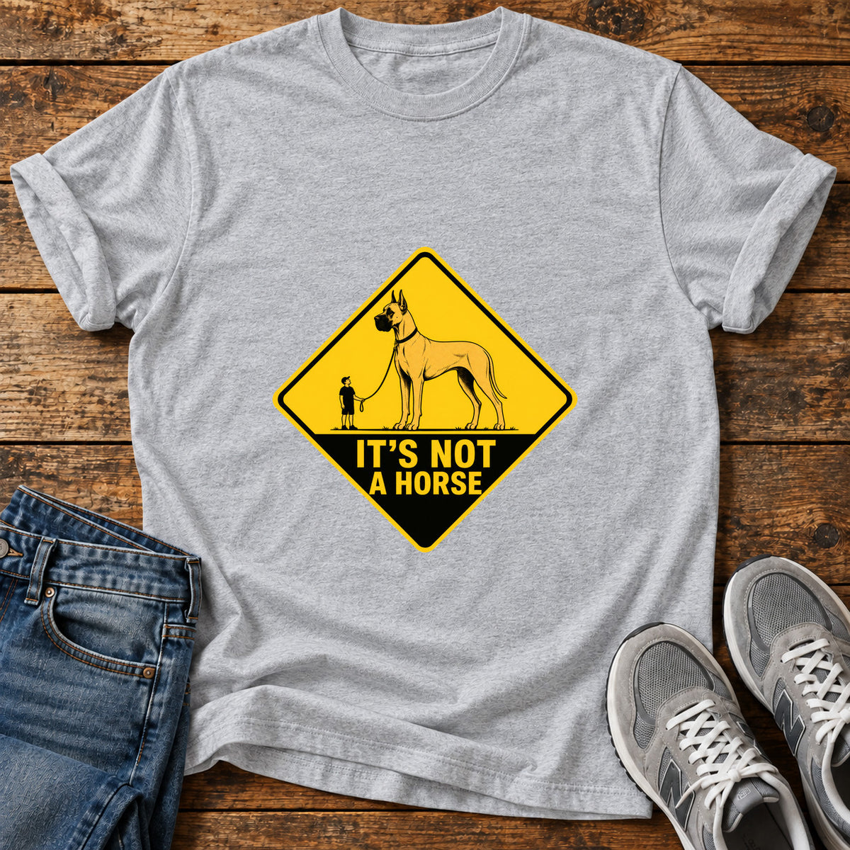 It's Not Horse Great Dane graphic T-shirt in Sport Grey, shown on a flat-lay shirt mockup
