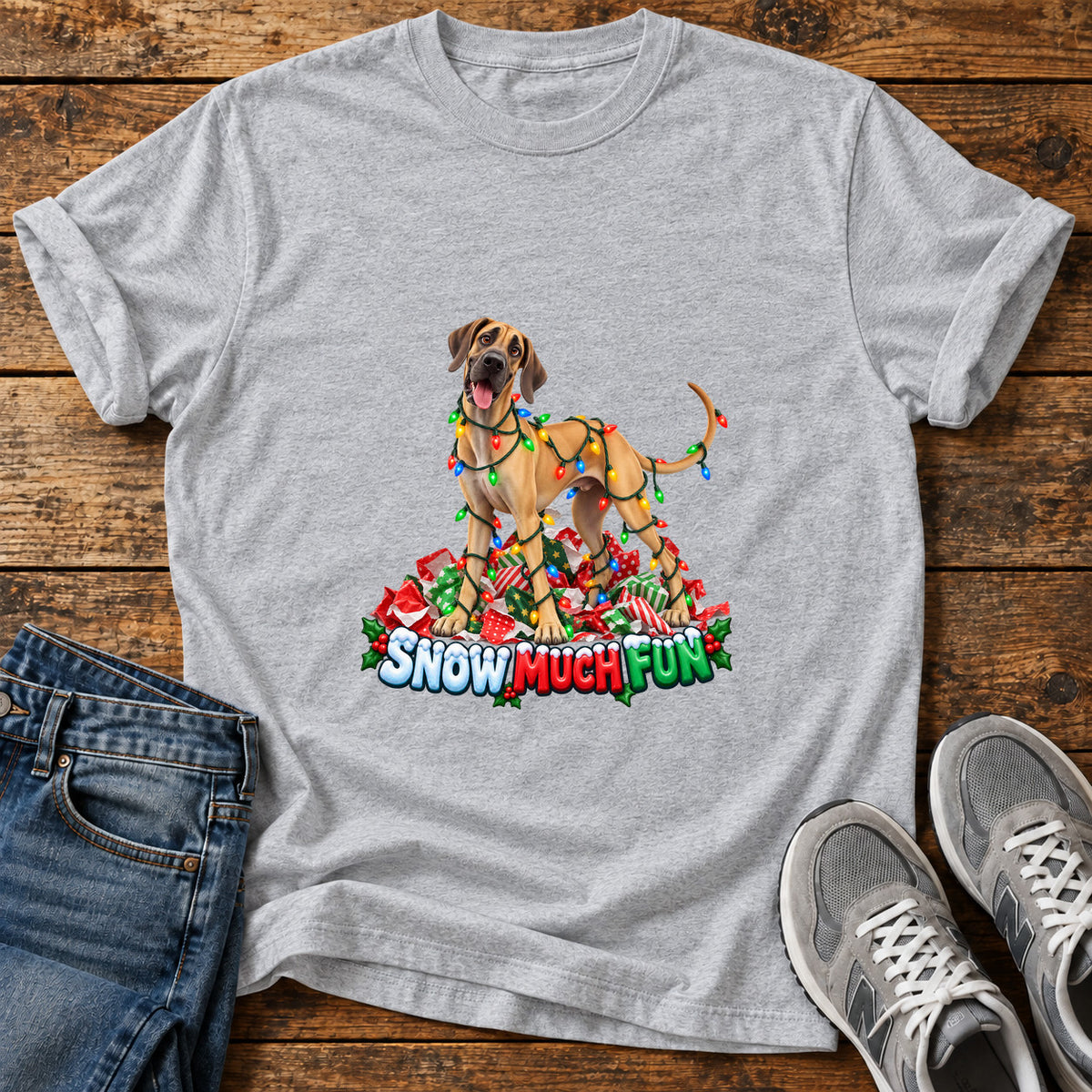 Snow Much Fun Great Dane graphic T-shirt in Sport Grey, shown on a flat-lay shirt mockup