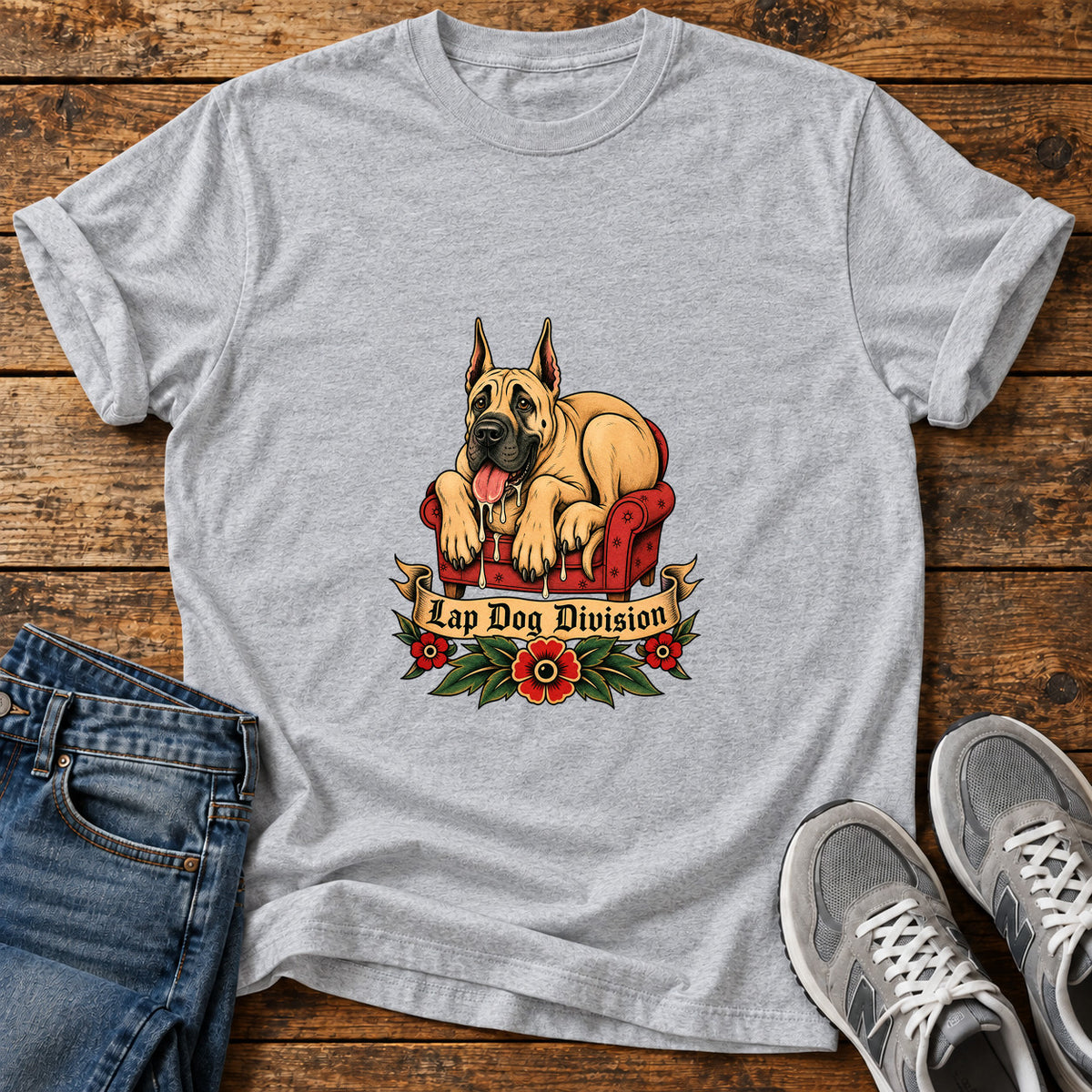 Lap Dog Division Great Dane graphic T-shirt in Sport Grey, shown on a flat-lay shirt mockup