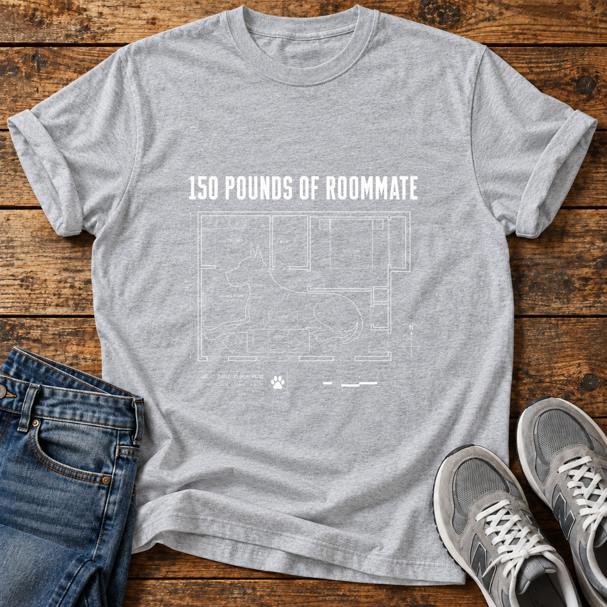 150 Pounds Roommate Great Dane graphic T-shirt in Sport Grey, shown on a flat-lay shirt mockup