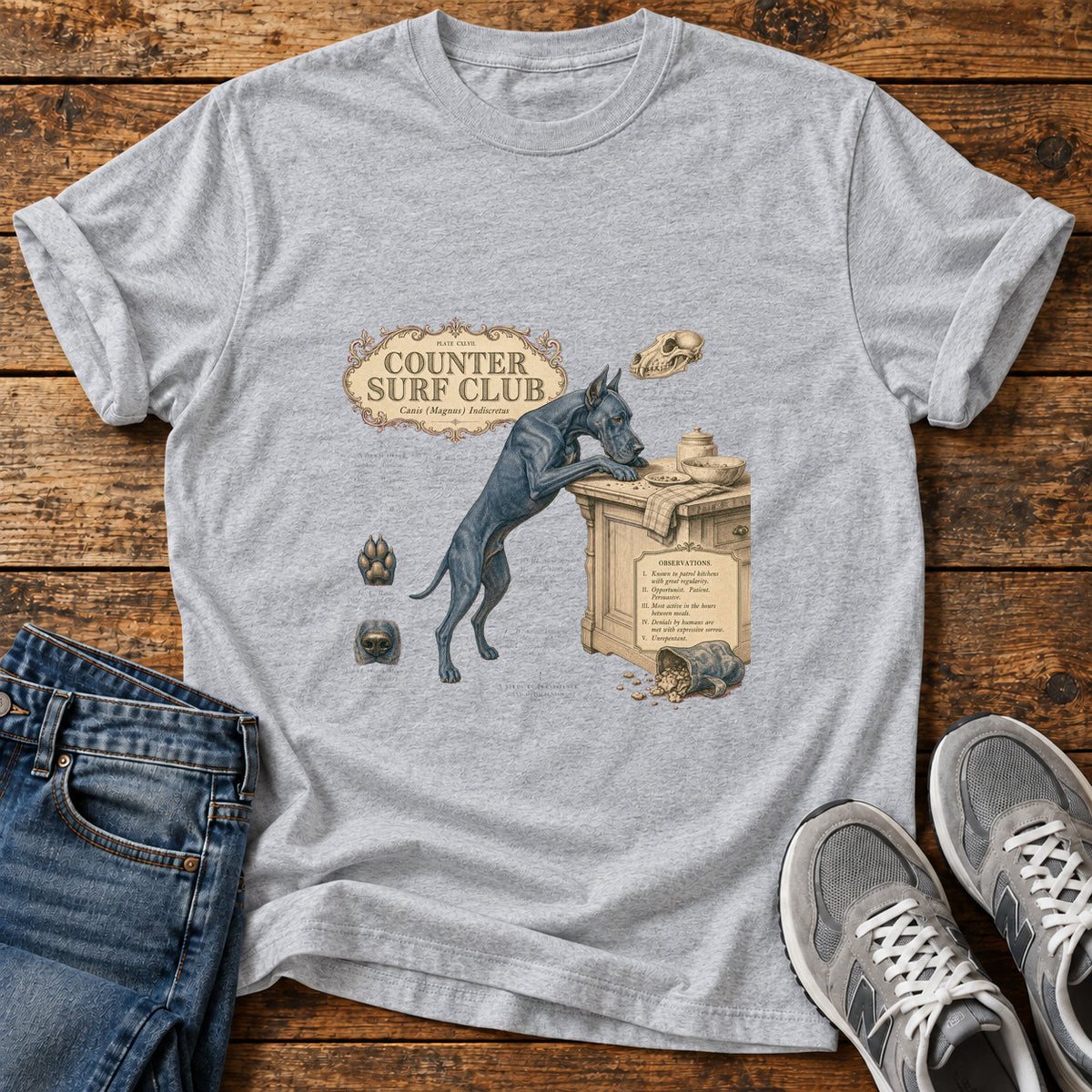 Counter Surf Club Great Dane graphic T-shirt in Sport Grey, shown on a flat-lay shirt mockup
