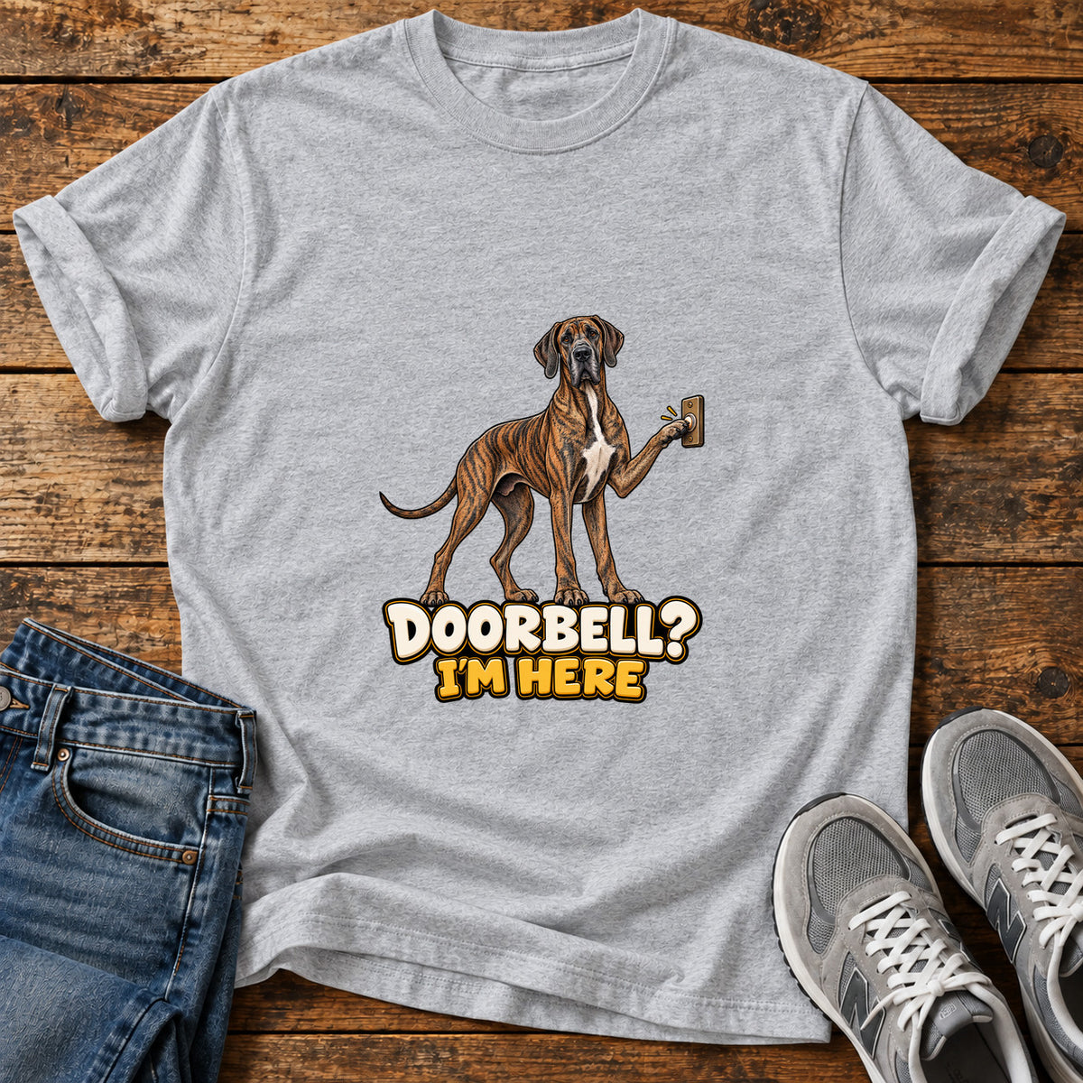 Doorbell Guardian Great Dane graphic T-shirt in Sport Grey, shown on a flat-lay shirt mockup