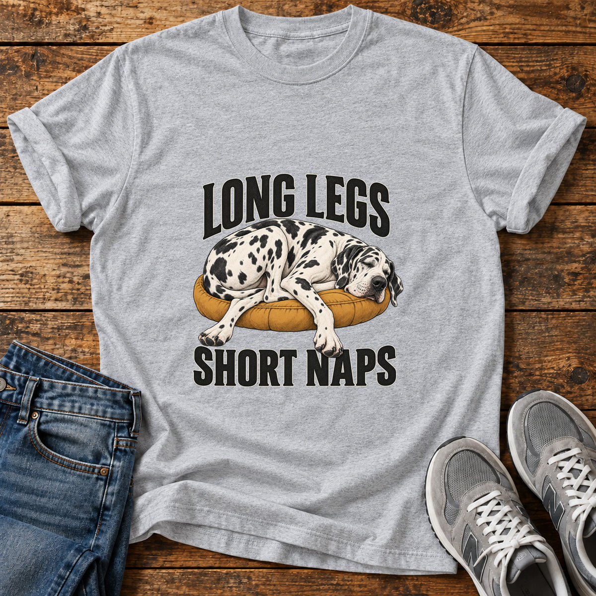 Long Legs Naps Great Dane graphic T-shirt in Sport Grey, shown on a flat-lay shirt mockup