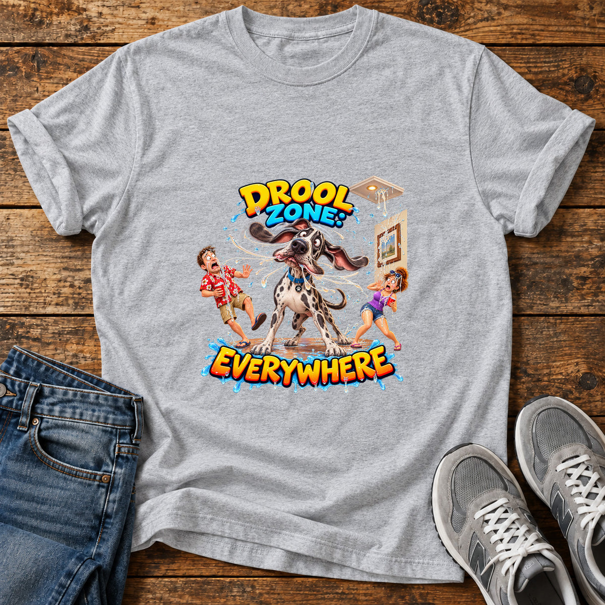 Drool Zone Everywhere Great Dane graphic T-shirt in Sport Grey, shown on a flat-lay shirt mockup