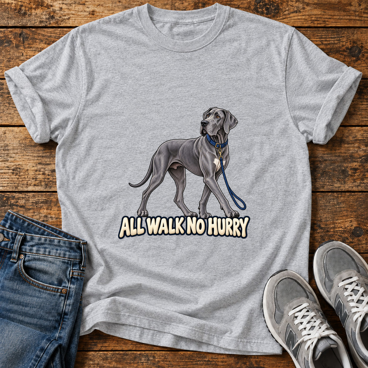 All Walk Great Dane graphic T-shirt in Sport Grey, shown on a flat-lay shirt mockup